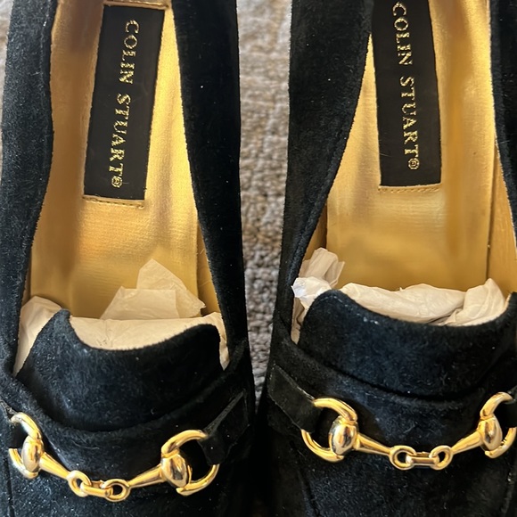 Vintage Colin Stuart black suede gold accent buckle loafer style heels pumps 7.5 - Picture 15 of 16